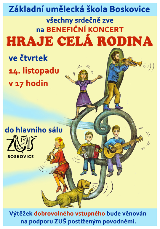 Plakát benefičního koncertu HRAJE CELÁ RODINA